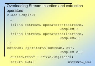 OOP/AKN/Part_II/105
Overloading Stream Insertion and extraction
operators
class Complex{
…
friend ostream& operator<<(ostream&,
Complex);
friend istream& operator>>(istream&,
Complex&);
};
ostream& operator<<(ostream& out,
Complex c){
out<<c.re<<“ + i”<<c.img<<endl;
return out;}
 