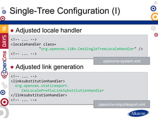 ● Adjusted locale handler
● Adjusted link generation
Single-Tree Configuration (I)
<!-- ... -->
<localehandler class=
"org.opencms.i18n.CmsSingleTreeLocaleHandler" />
<!-- ... -->
opencms-system.xml
<!-- ... -->
<linksubstitutionhandler>
org.opencms.staticexport.
CmsLocalePrefixLinkSubstitutionHandler
</linksubstitutionhandler>
<!-- ... -->
opencms-importexport.xml
 