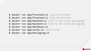 $ docker run app/frontend:v1 link-to-backend
$ docker run app/frontend:v1 link-to-backend
$ docker run app/backend:v1 link-to-db-cache-messaging
$ docker run app/backend:v1 link-to-db-cache-messaging
$ docker run app/database:v1
$ docker run app/cache:v1 link-to-db
$ docker run app/messaging:v1
 