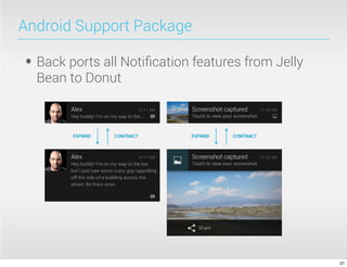 Android Support Package

• Back ports all Notiﬁcation features from Jelly
  Bean to Donut




                                                   27
 