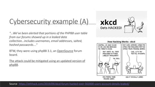 Cybersecurity example (A)
“…We’ve been alerted that portions of the PHPBB user table
from our forums showed up in a leaked data
collection…includes usernames, email addresses, salted,
hashed passwords….”
BTW, they were using phpBB 3.1, an OpenSource forum
board.
The attack could be mitigated using an updated version of
phpBB.
Source: https://ethhack.com/2019/09/xkcd-forum-hacked-over-562000-users-account-details-leaked/
 