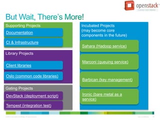 © 2010 Cisco and/or its affiliates. All rights reserved. Cisco Confidential 38
Library Projects
Supporting Projects
Documentation
Oslo (common code libraries)
Client libraries
Incubated Projects
(may become core
components in the future)
Sahara (Hadoop service)
Marconi (queuing service)
Gating Projects
CI & Infrastructure
DevStack (deployment script)
Tempest (integration test)
Barbican (key management)
Ironic (bare metal as a
service)
 