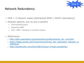 • DVR + 3 network nodes (distributed SNAT / DHCP redundency)
• Multiple options, but no one is perfect
• Pacemaker&Corosync
• Keepalived VRRP
• DVR + VRRP – should be in Juno/Kilo releases
• References:
• http://docs.openstack.org/networking-guide/scenario_dvr_ovs.html
• https://blogs.oracle.com/ronen/entry/diving_into_openstack_network_ar
chitecture
• http://assafmuller.com/2014/08/16/layer-3-high-availability/
Network Redundancy
Step 9
 