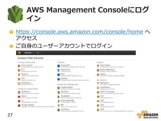 AWS Management Consoleにログ
イン
https://console.aws.amazon.com/console/home へ
アクセス
ご自身のユーザーアカウントでログイン
27
 