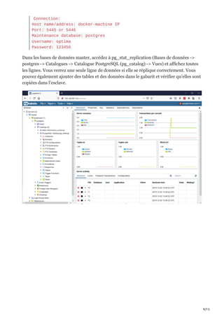 9/15
Connection:
Host name/address: docker-machine IP
Port: 5445 or 5446
Maintenance database: postgres
Username: optima
Password: 123456
Dans les bases de données master, accédez à pg_stat_replication (Bases de données ->
postgres -> Catalogues -> Catalogue PostgreSQL (pg_catalog) -> Vues) et affichez toutes
les lignes. Vous verrez une seule ligne de données si elle se réplique correctement. Vous
pouvez également ajouter des tables et des données dans le gabarit et vérifier qu’elles sont
copiées dans l’esclave.
 