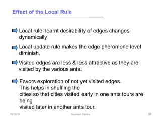 Effect of the Local Rule
Local rule: learnt desirability of edges changes
dynamically
Local update rule makes the edge pheromone level
diminish.
Visited edges are less & less attractive as they are
visited by the various ants.
Favors exploration of not yet visited edges.
This helps in shuffling the
cities so that cities visited early in one ants tours are
being
visited later in another ants tour.
91
10/18/19 Soumen Santra 91
 