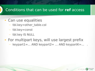 Conditions that can be used for ref access 
35 07:48:08 AM 
● Can use equalities 
– tbl.key=other_table.col 
– tbl.key=const 
– tbl.key IS NULL 
● For multipart keys, will use largest prefix 
– keypart1=... AND keypart2= … AND keypartK=... . 
 