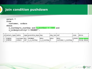 50 07:48:08 AM 
Join condition pushdown 
select * 
from 
customer, orders 
where 
c_custkey=o_custkey and c_acctbal < -500 and 
o_orderpriority='1-URGENT'; 
+--+-----------+--------+----+-------------+-----------+-------+------------------+------+-----------+ 
|id|select_type|table |type|possible_keys|key |key_len|ref |rows |Extra | 
+--+-----------+--------+----+-------------+-----------+-------+------------------+------+-----------+ 
|1 |SIMPLE |customer|ALL |PRIMARY |NULL |NULL |NULL |150081|Using where| 
|1 |SIMPLE |orders |ref |i_o_custkey |i_o_custkey|5 |customer.c_custkey|7 |Using where| 
+--+-----------+--------+----+-------------+-----------+-------+------------------+------+-----------+ 
 