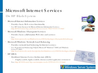 Microsoft Internet Services On HP BladeSystem Microsoft Internet Information Services Provides basic Web server functionality See HP ActiveAnswers for Microsoft Internet Information Services: http://h71019.www7.hp.com/ActiveAnswers/cache/70657-0-0-0-121.html Microsoft Windows Sharepoint Services Provides basic collaboration Web sites and services See:  http://www.microsoft.com/WindowsServer2003/technologies/sharepoint/default.mspx Microsoft Windows Network Load Balancing Provides network load balancing for Internet services See Network Load Balancing FAQ for Microsoft ®  Windows ®  2000 and Windows Server™ 2003:  http://www.microsoft.com/technet/prodtechnol/windowsserver2003/technologies/clustering/nlbfaq.mspx HP DISA Distributed Internet Server Architecture (DISA) A highly-scalable, highly-available, Internet-enabled application environment See:  http://h71028.www7.hp.com/enterprise/cache/3799-0-0-225-121.html 