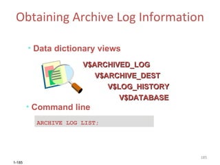Obtaining Archive Log Information V$ARCHIVE_DEST V$ARCHIVED_LOG V$LOG_HISTORY Data dictionary views Command line ARCHIVE LOG LIST; V$DATABASE 