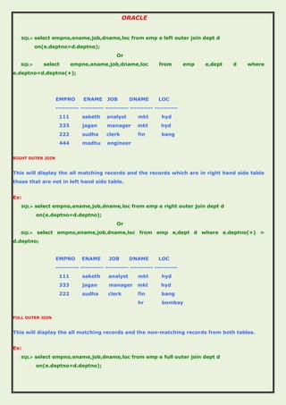 ORACLE
SQL> select empno,ename,job,dname,loc from emp e left outer join dept d
on(e.deptno=d.deptno);
Or
SQL> select empno,ename,job,dname,loc from emp e,dept d where
e.deptno=d.deptno(+);
EMPNO ENAME JOB DNAME LOC
---------- ---------- ---------- ---------- ----------
111 saketh analyst mkt hyd
333 jagan manager mkt hyd
222 sudha clerk fin bang
444 madhu engineer
RIGHT OUTER JOIN
This will display the all matching records and the records which are in right hand side table
those that are not in left hand side table.
Ex:
SQL> select empno,ename,job,dname,loc from emp e right outer join dept d
on(e.deptno=d.deptno);
Or
SQL> select empno,ename,job,dname,loc from emp e,dept d where e.deptno(+) =
d.deptno;
EMPNO ENAME JOB DNAME LOC
---------- ---------- ---------- ---------- ----------
111 saketh analyst mkt hyd
333 jagan manager mkt hyd
222 sudha clerk fin bang
hr bombay
FULL OUTER JOIN
This will display the all matching records and the non-matching records from both tables.
Ex:
SQL> select empno,ename,job,dname,loc from emp e full outer join dept d
on(e.deptno=d.deptno);
 