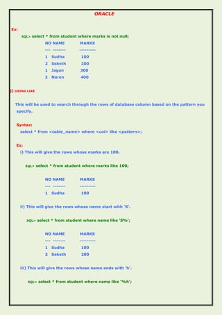 ORACLE
Ex:
SQL> select * from student where marks is not null;
NO NAME MARKS
--- ------- ---------
1 Sudha 100
2 Saketh 200
1 Jagan 300
2 Naren 400
j) USING LIKE
This will be used to search through the rows of database column based on the pattern you
specify.
Syntax:
select * from <table_name> where <col> like <pattern>;
Ex:
i) This will give the rows whose marks are 100.
SQL> select * from student where marks like 100;
NO NAME MARKS
--- ------- ---------
1 Sudha 100
ii) This will give the rows whose name start with ‘S’.
SQL> select * from student where name like 'S%';
NO NAME MARKS
--- ------- ---------
1 Sudha 100
2 Saketh 200
iii) This will give the rows whose name ends with ‘h’.
SQL> select * from student where name like '%h';
 