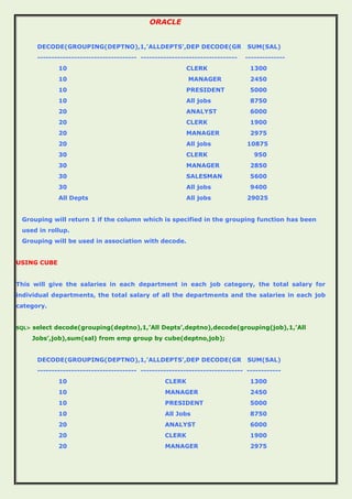 ORACLE
DECODE(GROUPING(DEPTNO),1,'ALLDEPTS',DEP DECODE(GR SUM(SAL)
----------------------------------- ---------------------------------- --------------
10 CLERK 1300
10 MANAGER 2450
10 PRESIDENT 5000
10 All jobs 8750
20 ANALYST 6000
20 CLERK 1900
20 MANAGER 2975
20 All jobs 10875
30 CLERK 950
30 MANAGER 2850
30 SALESMAN 5600
30 All jobs 9400
All Depts All jobs 29025
Grouping will return 1 if the column which is specified in the grouping function has been
used in rollup.
Grouping will be used in association with decode.
USING CUBE
This will give the salaries in each department in each job category, the total salary for
individual departments, the total salary of all the departments and the salaries in each job
category.
SQL> select decode(grouping(deptno),1,’All Depts’,deptno),decode(grouping(job),1,’All
Jobs’,job),sum(sal) from emp group by cube(deptno,job);
DECODE(GROUPING(DEPTNO),1,'ALLDEPTS',DEP DECODE(GR SUM(SAL)
----------------------------------- ------------------------------------ ------------
10 CLERK 1300
10 MANAGER 2450
10 PRESIDENT 5000
10 All Jobs 8750
20 ANALYST 6000
20 CLERK 1900
20 MANAGER 2975
 