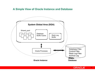 A Simple View of Oracle Instance and Database Database Files Control Files Redo Log Files Archive Log Files Oracle Instance Shared_pool Database Buffer Cache Redo Log Buffer System Global Area (SGA) Oracle Processes Oracle Database 