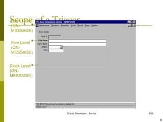 Scope of a Trigger Item Level (ON-MESSAGE) Block Level (ON-MESSAGE) Form Level (ON-MESSAGE) ! @ 