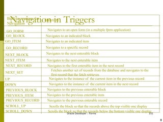 Navigation in Triggers Built-in routines for Navigation Function GO_FORM Navigates to an open form (in a multiple fprm application) GO_BLOCK Navigates to an indicated block Navigates to an indicated item Navigates to a specific record GO_ITEM GO_RECORD NEXT_BLOCK Navigates to the next enterable block NEXT_ITEM Navigates to the next enterable item NEXT_RECORD Navigates to the first enterable item in the next record NEXT_SET Fetches another set of records from the database and navigates to the  first record that the fetch retrieves UP Navigates to the instance of  the current item in the previous record DOWN Navigates to the instance of  the current item in the next record PREVIOUS_BLOCK Navigates to the previous enterable block PREVIOUS_ITEM Navigates to the previous enterable item PREVIOUS_RECORD Navigates to the previous enterable record SCROLL_UP SCROLL_DOWN Scrolls the block so that the records above the top visible one display  Scrolls the block so that the records below the bottom visible one display  ! @ 