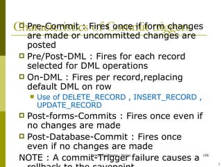 Characteristics of Commit triggers Pre-Commit : Fires once if form changes are made or uncommitted changes are posted Pre/Post-DML : Fires for each record selected for DML operations On-DML : Fires per record,replacing default DML on row Use of DELETE_RECORD , INSERT_RECORD , UPDATE_RECORD Post-forms-Commits : Fires once even if no changes are made Post-Database-Commit : Fires once even if no changes are made NOTE : A commit-Trigger failure causes a rollback to the savepoint ! 