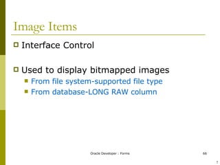 Image Items Interface Control Used to display bitmapped images From file system-supported file type From database-LONG RAW column ! 