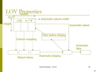 LOV Properties Column mapping (X,Y) Height Width Return Items Automatic Display Automatic Skip LOV Automatic column width Filter before display Automatic select ! @ 
