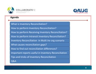 Agenda

What is Inventory Reconciliation?
How to perform Inventory Reconciliation?
How to perform Receiving Inventory Reconciliation?
How to perform Intransit Inventory Reconciliation?
Inventory Reconciliation in Multi inv org scenario
What causes reconciliation gaps?
How to find out reconciliation differences?
Important reports useful in Inventory Reconciliation
Tips and tricks of Inventory Reconciliation
Q&A

                                                       4
 