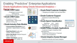 Enabling “Predictive” EnterpriseApplications
Oracle Applications Using Oracle Advanced Analytics—
Partial List
• OracleHCM Fusion
– Employee turnover and
performance
prediction and “What if?” analysis
• OracleCRMFusion
– Prediction of sales
opportunities, what to sell,
amount, timing, etc.
• OracleIndustryData Models
– CommunicationsData Model churn
prediction, segmentation, profiling,
etc.
– Retail Data Model loyalty and
market basket analysis
– Airline Data Model analysis frequent
flyers, loyalty, etc.
– Utilities Data Model customer
churn, cross-sell, loyalty, etc.
• OracleRetail CustomerAnalytics
– ”Shopping cart analysis” and next bestoffers
• OracleCustomer Support
– Predictive Incident Monitoring
(PIM)
• OracleSpendClassification
– Real-time and batch
flagging of noncompliance
and anomalies in expense
submissions
• OracleFinServAnalytic Applications
– Customer Insight, Enterprise Risk
Management,
Enterprise Performance, Financial
Crime and Compliance
• OracleAdaptiveAccessManager
– Real-time security and fraud analytics
Copyright © 2016 Oracle and/or its affiliates. All rights
reserved.
 