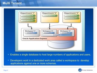 Multi Tenant Enables a single database to host large numbers of applications and users. Developers work in a dedicated work area called a workspace to  develop  applications against one or more schemas.  