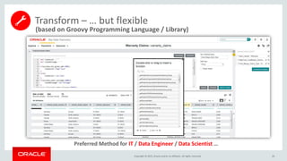 Copyright © 2015, Oracle and/or its affiliates. All rights reserved. 29
(based on Groovy Programming Language / Library)
Preferred Method for IT / Data Engineer / Data Scientist …
Transform – … but flexible
 