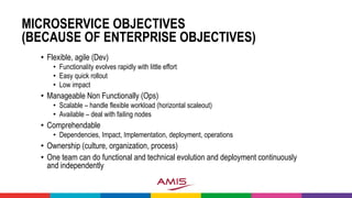 MICROSERVICE OBJECTIVES
(BECAUSE OF ENTERPRISE OBJECTIVES)
• Flexible, agile (Dev)
• Functionality evolves rapidly with little effort
• Easy quick rollout
• Low impact
• Manageable Non Functionally (Ops)
• Scalable – handle flexible workload (horizontal scaleout)
• Available – deal with failing nodes
• Comprehendable
• Dependencies, Impact, Implementation, deployment, operations
• Ownership (culture, organization, process)
• One team can do functional and technical evolution and deployment continuously
and independently
 