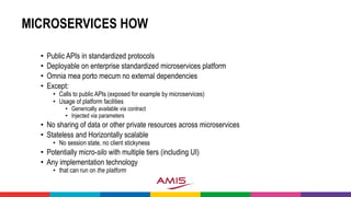 MICROSERVICES HOW
• Public APIs in standardized protocols
• Deployable on enterprise standardized microservices platform
• Omnia mea porto mecum no external dependencies
• Except:
• Calls to public APIs (exposed for example by microservices)
• Usage of platform facilities
• Generically available via contract
• Injected via parameters
• No sharing of data or other private resources across microservices
• Stateless and Horizontally scalable
• No session state, no client stickyness
• Potentially micro-silo with multiple tiers (including UI)
• Any implementation technology
• that can run on the platform
 