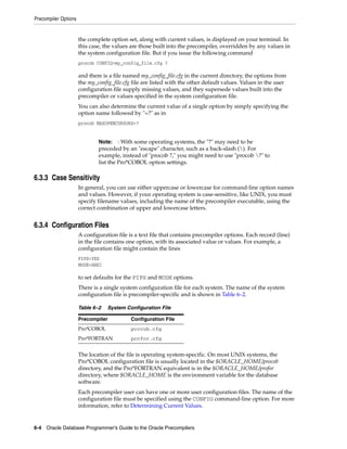 Precompiler Options
6-4 Oracle Database Programmer’s Guide to the Oracle Precompilers
the complete option set, along with current values, is displayed on your terminal. In
this case, the values are those built into the precompiler, overridden by any values in
the system configuration file. But if you issue the following command
procob CONFIG=my_config_file.cfg ?
and there is a file named my_config_file.cfg in the current directory, the options from
the my_config_file.cfg file are listed with the other default values. Values in the user
configuration file supply missing values, and they supersede values built into the
precompiler or values specified in the system configuration file.
You can also determine the current value of a single option by simply specifying the
option name followed by "=?" as in
procob MAXOPENCURSORS=?
6.3.3 Case Sensitivity
In general, you can use either uppercase or lowercase for command-line option names
and values. However, if your operating system is case-sensitive, like UNIX, you must
specify filename values, including the name of the precompiler executable, using the
correct combination of upper and lowercase letters.
6.3.4 Configuration Files
A configuration file is a text file that contains precompiler options. Each record (line)
in the file contains one option, with its associated value or values. For example, a
configuration file might contain the lines
FIPS=YES
MODE=ANSI
to set defaults for the FIPS and MODE options.
There is a single system configuration file for each system. The name of the system
configuration file is precompiler-specific and is shown in Table 6–2.
The location of the file is operating system-specific. On most UNIX systems, the
Pro*COBOL configuration file is usually located in the $ORACLE_HOME/procob
directory, and the Pro*FORTRAN equivalent is in the $ORACLE_HOME/profor
directory, where $ORACLE_HOME is the environment variable for the database
software.
Each precompiler user can have one or more user configuration files. The name of the
configuration file must be specified using the CONFIG command-line option. For more
information, refer to Determining Current Values.
Note: : With some operating systems, the "?" may need to be
preceded by an "escape" character, such as a back-slash (). For
example, instead of "procob ?," you might need to use "procob ?" to
list the Pro*COBOL option settings.
Table 6–2 System Configuration File
Precompiler Configuration File
Pro*COBOL pcccob.cfg
Pro*FORTRAN pccfor.cfg
 