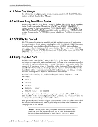 Additional Array Insert/Select Syntax
A-2 Oracle Database Programmer’s Guide to the Oracle Precompilers
A.1.3 Related Error Messages
For information about precompile time messages associated with the UNSAFE_NULL
option, see Oracle Database Error Messages.
A.2 Additional Array Insert/Select Syntax
The array INSERT and array SELECT syntax of the DB2 precompiler is now supported
by the Oracle precompiler. The optional ROWSET and ROWSET STARTING AT
clauses are used in the fetch-orientation (FIRST, PRIOR, NEXT, LAST, CURRENT,
RELATIVE and ABSOLUTE). For more information about the new INSERT/SELECT
syntax, please refer the Pro*COBOL Programmer's Guide and Pro*C/C++ Programmer's
Guide.
A.3 SQL99 Syntax Support
The SQL standard enables the portability of SQL applications across all conforming
software products. Oracle features are compliant with the ANSI/ISO SQL99 standard,
including ANSI compliant joins. Pro*Cobol supports all SQL99 features that are
supported by Oracle database, which means that the SQL99 syntax for the SELECT,
INSERT, DELETE, and UPDATE statements and the body of the cursor in a DECLARE
CURSOR statement are supported.
A.4 Fixing Execution Plans
To fix execution plans for SQL's used in Pro*C/C++ or Pro*Cobol development
environment, you need to use the outline feature of Oracle at the time of precompiling.
An outline is implemented as a set of optimizer hints that are associated with the SQL
statement. If you enable the use of the outline for the statement, Oracle automatically
considers the stored hints and tries to generate an execution plan in accordance with
those hints. In this way, you can ensure that the performance is not affected when the
modules are integrated or deployed into different environments.
You can use the following SQL statements to create outlines in Pro*C/C++ and
Pro*Cobol:
■ SELECT
■ DELETE
■ UPDATE
■ INSERT... SELECT
■ CREATE TABLE... AS SELECT
If the outline option is set, then the precompiler generates two files, a SQL file and a
LOG file at the end of successful precompilation. Command line options outline and
outlnprefix control the generation of the outlines.
Each generated outline name is unique. Because the file names used in the application
are unique, this information is used in generating the outline name. In addition, the
category name is also prefixed.
Caution: Oracle allows only 30 bytes for the outline name. If you
exceed the limit, the precompiler will flag an error. You can restrict
the length of the outline name by using the outlnprefix option.
 