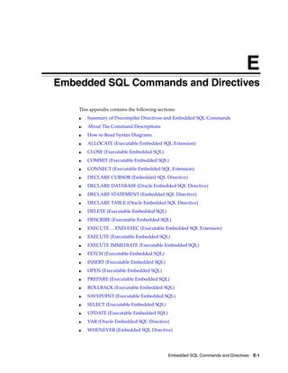 E
Embedded SQL Commands and Directives E-1
E Embedded SQL Commands and Directives
This appendix contains the following sections:
■ Summary of Precompiler Directives and Embedded SQL Commands
■ About The Command Descriptions
■ How to Read Syntax Diagrams
■ ALLOCATE (Executable Embedded SQL Extension)
■ CLOSE (Executable Embedded SQL)
■ COMMIT (Executable Embedded SQL)
■ CONNECT (Executable Embedded SQL Extension)
■ DECLARE CURSOR (Embedded SQL Directive)
■ DECLARE DATABASE (Oracle Embedded SQL Directive)
■ DECLARE STATEMENT (Embedded SQL Directive)
■ DECLARE TABLE (Oracle Embedded SQL Directive)
■ DELETE (Executable Embedded SQL)
■ DESCRIBE (Executable Embedded SQL)
■ EXECUTE ... END-EXEC (Executable Embedded SQL Extension)
■ EXECUTE (Executable Embedded SQL)
■ EXECUTE IMMEDIATE (Executable Embedded SQL)
■ FETCH (Executable Embedded SQL)
■ INSERT (Executable Embedded SQL)
■ OPEN (Executable Embedded SQL)
■ PREPARE (Executable Embedded SQL)
■ ROLLBACK (Executable Embedded SQL)
■ SAVEPOINT (Executable Embedded SQL)
■ SELECT (Executable Embedded SQL)
■ UPDATE (Executable Embedded SQL)
■ VAR (Oracle Embedded SQL Directive)
■ WHENEVER (Embedded SQL Directive)
 