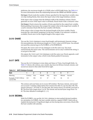 Oracle Datatypes
3-10 Oracle Database Programmer’s Guide to the Oracle Precompilers
platforms, the maximum length of a CHAR value is 65535 (64K) bytes. See Table 6–4
for more information about the relationship between the DBMS and MODE options.
On Input. Oracle reads the number of bytes specified for the input host variable, does
not strip trailing blanks, then stores the input value in the target database column.
If the input value is longer than the defined width of the database column, Oracle
generates an error. If the input value is all-blank, Oracle treats it like a character value.
On Output. Oracle returns the number of bytes specified for the output host variable,
blank-padding if necessary, then assigns the output value to the target host variable. If
a null is returned, Oracle fills the host variable with blanks.
If the output value is longer than the declared length of the host variable, Oracle
truncates the value before assigning it to the host variable. If an indicator variable is
available, Oracle sets it to the original length of the output value.
3.4.16 CHARZ
You use the CHARZ datatype to store fixed-length, null-terminated character strings.
On most platforms, the maximum length of a CHARZ value is 65,535 bytes. You should
not need this external type in Pro*COBOL or Pro*FORTRAN.
On input, the CHARZ and STRING datatypes work the same way. You must
null-terminate the input value. The null terminator serves only to delimit the string; it
is not part of the data.
On output, the CHARZ and CHAR datatypes work the same way. Oracle appends a null
terminator to the output value, which is also blank-padded if necessary.
3.4.17 DATE
You use the DATE datatype to store dates and times in 7-byte, fixed-length fields. As
Table 3–5 shows, the century, year, month, day, hour (in 24-hour format), minute, and
second are stored in that order from left to right.
The century and year bytes are in excess-100 notation. The hour, minute, and second
are in excess-1 notation. Dates before the Common Era (B.C.E.) are less than 100. The
epoch is January 1, 4712 B.C.E. For this date, the century byte is 53 and the year byte is
88. The hour byte ranges from 1 to 24. The minute and second bytes range from 1 to
60. The time defaults to midnight (1, 1, 1).
3.4.18 DECIMAL
With Pro*COBOL, you use the DECIMAL datatype to store packed decimal numbers
for calculation. In COBOL, the host variable must be a signed COMP-3 field with an
implied decimal point. If significant digits are lost during data conversion, Oracle fills
the host variable with asterisks.
Table 3–5 DATE Datatype Example
Byte 1 2 3 4 5 6 7
Meaning Century Year Month Day Hour Minute Second
Example 17-OCT-1994 at
1:23:12 PM
119 194 10 17 14 24 13
 