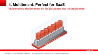 4. Multitenant. Perfect for SaaS
Multitenancy implemented by the Database, not the Application

83

Copyright © 2013, Oracle and/or its affiliates. All rights reserved.

Insert Information Protection Policy Classification from Slide 12 of the corporate presentation template

 