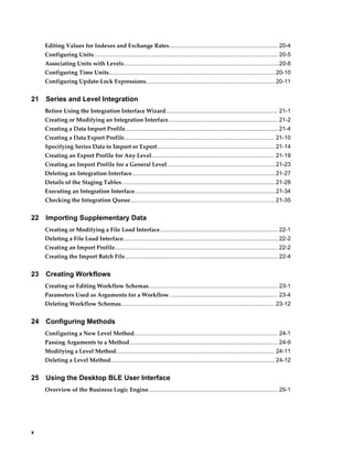 x
Editing Values for Indexes and Exchange Rates.................................................................... 20-4
Configuring Units................................................................................................................... 20-5
Associating Units with Levels.................................................................................................20-8
Configuring Time Units........................................................................................................ 20-10
Configuring Update-Lock Expressions.................................................................................20-11
21 Series and Level Integration
Before Using the Integration Interface Wizard...................................................................... 21-1
Creating or Modifying an Integration Interface.....................................................................21-2
Creating a Data Import Profile................................................................................................21-4
Creating a Data Export Profile.............................................................................................. 21-10
Specifying Series Data to Import or Export.......................................................................... 21-14
Creating an Export Profile for Any Level............................................................................. 21-19
Creating an Import Profile for a General Level....................................................................21-23
Deleting an Integration Interface..........................................................................................21-27
Details of the Staging Tables................................................................................................ 21-28
Executing an Integration Interface........................................................................................21-34
Checking the Integration Queue...........................................................................................21-35
22 Importing Supplementary Data
Creating or Modifying a File Load Interface.......................................................................... 22-1
Deleting a File Load Interface................................................................................................. 22-2
Creating an Import Profile...................................................................................................... 22-2
Creating the Import Batch File................................................................................................ 22-4
23 Creating Workflows
Creating or Editing Workflow Schemas................................................................................. 23-1
Parameters Used as Arguments for a Workflow.................................................................... 23-4
Deleting Workflow Schemas................................................................................................ 23-12
24 Configuring Methods
Configuring a New Level Method.......................................................................................... 24-1
Passing Arguments to a Method............................................................................................. 24-9
Modifying a Level Method................................................................................................... 24-11
Deleting a Level Method....................................................................................................... 24-12
25 Using the Desktop BLE User Interface
Overview of the Business Logic Engine................................................................................. 25-1
 
