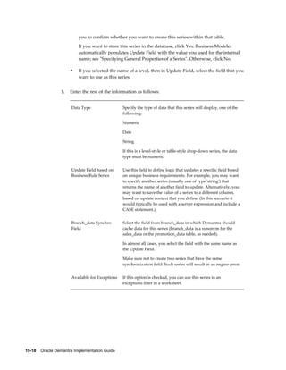 19-18    Oracle Demantra Implementation Guide
you to confirm whether you want to create this series within that table.
If you want to store this series in the database, click Yes. Business Modeler
automatically populates Update Field with the value you used for the internal
name; see "Specifying General Properties of a Series". Otherwise, click No.
• If you selected the name of a level, then in Update Field, select the field that you
want to use as this series.
5. Enter the rest of the information as follows:
Data Type Specify the type of data that this series will display, one of the
following:
Numeric
Date
String
If this is a level-style or table-style drop-down series, the data
type must be numeric.
Update Field based on
Business Rule Series
Use this field to define logic that updates a specific field based
on unique business requirements. For example, you may want
to specify another series (usually one of type 'string') that
returns the name of another field to update. Alternatively, you
may want to save the value of a series to a different column,
based on update context that you define. (In this scenario it
would typically be used with a server expression and include a
CASE statement.)
Branch_data Synchro
Field
Select the field from branch_data in which Demantra should
cache data for this series (branch_data is a synonym for the
sales_data or the promotion_data table, as needed).
In almost all cases, you select the field with the same name as
the Update Field.
Make sure not to create two series that have the same
synchronization field. Such series will result in an engine error.
Available for Exceptions If this option is checked, you can use this series in an
exceptions filter in a worksheet.
 