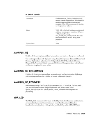 Database Procedures    27-31
ep_load_do_commits
Description Used with the EP_LOAD_SALES procedure.
Defines whether the procedure will commit as
needed or wait until the entire process is
complete. When DB resources may be limited,
set this parameter to False.
Values TRUE - EP_LOAD will use the commit control
and issue commits per n transitions. (Where n
= SYS_PARAMS setting
max_records_for_commit) FALSE - Use only
one commit should be used per ep_load
procedure.
Default Value TRUE
MANUALS_INS
Updates all the appropriate database tables after a user makes a change in a worksheet.
You use this procedure only if you are using the desktop product (Demand Planner and
Demand Replenisher) rather than the Web products. The Web products (Demand
Planner Web, Promotion Effectiveness, and Settlement Management) use a Java-based
mechanism to update the same tables.
MANUALS_INS_INTEGRATION
Updates all the appropriate database tables after data has been imported. Make sure
you run this procedure after running an import integration interface.
MANUALS_INS_RECOVERY
Performs a recovery if MANUALS_INS or MANUALS_POPULATE_INS has failed.
This procedure retrieves the temporary records that were written to the
update_batch_trai_err and update_batch_values_err tables and completes the
processing.
MDP_ADD
The MDP_ADD procedure is the main method by which Item/Location combinations
are created in Demantra. Combinations are created and maintained based on
Item/Location combinations existing in the SALES_DATA table. MDP_ADD also
 