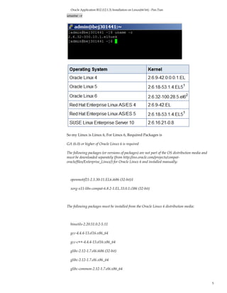 Oracle Application R12 (12.1.3) Installation on Linux(64 bit) - Pan.Tian

uname –r




So my Linux is Linux 6, For Linux 6, Required Packages is

GA (6.0) or higher of Oracle Linux 6 is required

The following packages (or versions of packages) are not part of the OS distribution media and
must be downloaded separately (from http://oss.oracle.com/projects/compat-
oracle/files/Enterprise_Linux/) for Oracle Linux 6 and installed manually:



  openmotif21-2.1.30-11.EL6.i686 (32-bit)1

  xorg-x11-libs-compat-6.8.2-1.EL.33.0.1.i386 (32-bit)



The following packages must be installed from the Oracle Linux 6 distribution media:



  binutils-2.20.51.0.2-5.11

  gcc-4.4.4-13.el16.x86_64

  gcc-c++-4.4.4-13.el16.x86_64

  glibc-2.12-1.7.el6.i686 (32-bit)

  glibc-2.12-1.7.el6.x86_64

  glibc-common-2.12-1.7.el6.x86_64


                                                                                                 5
 