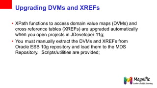 Upgrading DVMs and XREFs
• XPath functions to access domain value maps (DVMs) and
cross
when
reference tables (XREFs) are upgraded automatically
you open projects in JDeveloper 11g;
• You must manually extract the DVMs and XREFs from
Oracle ESB 10g repository and load them to the MDS
Repository. Scripts/utilities are provided;
 