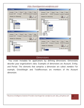 http://learnhyperion.wordpress.com




                                         Dimensions
  You create metadata for applications by defining dimensions. Dimensions
describe your organization’s data. Examples of dimensions are Account, Entity,
and Period. The elements that comprise a dimension are called members. For
example, GrossMargin and TotalRevenues are members of the Account
dimension.




©Business Intelligence Solution Providers learnhyperion.wordpress.com aloo_a2@yahoo.com   22
 