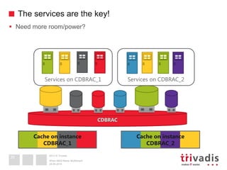 2013 © Trivadis 
The services are the key! 
28.09.2014 
When MAA Meets Multitenant 
26 
Need more room/power? 
Services on CDBRAC_1 
Services on CDBRAC_2 
Cache on instance CDBRAC_2 
Cache on instance CDBRAC_1  