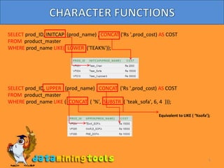5CHARACTER FUNCTIONSSELECTprod_ID, INITCAP  (prod_name) , CONCAT ('Rs ',prod_cost) AS COST FROM  product_masterWHERE prod_name LIKE(  LOWER  ('TEAK%'));SELECTprod_ID, UPPER   (prod_name) , CONCAT  ('Rs ',prod_cost) AS COST FROM  product_masterWHERE prod_name LIKE (  CONCAT  ( '%',  SUBSTR  ( 'teak_sofa', 6, 4  )));Equivalent to LIKE ( ‘%sofa’);