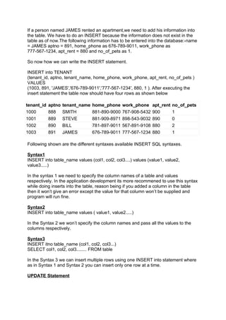 If a person named JAMES rented an apartment,we need to add his information into
the table. We have to do an INSERT because the information does not exist in the
table as of now.The following information has to be entered into the database:-name
= JAMES aptno = 891, home_phone as 676-789-9011, work_phone as
777-567-1234, apt_rent = 880 and no_of_pets as 1.

So now how we can write the INSERT statement.

INSERT into TENANT
(tenant_id, aptno, tenant_name, home_phone, work_phone, apt_rent, no_of_pets )
VALUES
(1003, 891, 'JAMES','676-789-9011','777-567-1234', 880, 1 ). After executing the
insert statement the table now should have four rows as shown below

tenant_id   aptno   tenant_name   home_phone     work_phone     apt_rent   no_of_pets
1000        888     SMITH         881-890-9000   767-908-5432   900        1
1001        889     STEVE         881-909-8971   898-543-9032   890        0
1002        890     BILL          781-897-9011   567-891-9108   880        2
1003        891     JAMES         676-789-9011   777-567-1234   880        1

Following shown are the different syntaxes available INSERT SQL syntaxes.

Syntax1
INSERT into table_name values (col1, col2, col3....) values (value1, value2,
value3.....)

In the syntax 1 we need to specify the column names of a table and values
respectively. In the application development its more recommened to use this syntax
while doing inserts into the table, reason being if you added a column in the table
then it won’t give an error except the value for that column won’t be supplied and
program will run fine.

Syntax2
INSERT into table_name values ( value1, value2.....)

In the Syntax 2 we won’t specify the column names and pass all the values to the
columns respectively.

Syntax3
INSERT itno table_name (col1, col2, col3...)
SELECT col1, col2, col3........ FROM table

In the Syntax 3 we can insert multiple rows using one INSERT into statement where
as in Syntax 1 and Syntax 2 you can insert only one row at a time.

UPDATE Statement
 