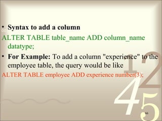 421
0011 0010 1010 1101 0001 0100 1011
66
• Syntax to add a column
ALTER TABLE table_name ADD column_name 
datatype;
• For Example: To add a column "experience" to the 
employee table, the query would be like
ALTER TABLE employee ADD experience number(3);
 