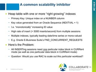 Conﬁden=al	
  and	
  Proprietary	
  14	
  
■  Heap table with one or more “right growing” indexes
−  Primary Key: Unique index on a NUMBER column
−  Key value generated from an Oracle Sequence (NEXTVAL = 1)
−  I.e. “monotonically” increasing ID value
−  High rate of insert (> 5000 inserts/second) from multiple sessions
−  Multiple indexes, typically leading date/time series or mono-valued
−  E.g. Oracle E-Business Suite’s FND_CONCURRENT_REQUESTS
■  Here’s the Problem:
−  All INSERTing sessions need one particular index block in CURRent
mode (as well as one particular data block in CURRent mode)
−  Question: Would you use RAC to scale out this particular workload?
A common scalability inhibitor
 