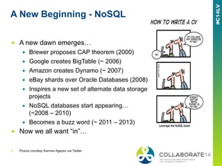A New Beginning - NoSQL
■  A new dawn emerges…
▪  Brewer proposes CAP theorem (2000)
▪  Google creates BigTable (~ 2006)
▪  Amazon creates Dynamo (~ 2007)
▪  eBay shards over Oracle Databases (2008)
▪  Inspires a new set of alternate data storage
projects
▪  NoSQL databases start appearing…
(~2008 – 2010)
▪  Becomes a buzz word (~ 2011 – 2013)
■  Now we all want “in”…
■  Picture courtesy Kamran Agayev via Twitter
 