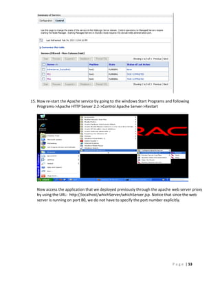 15. Now re-start the Apache service by going to the windows Start Programs and following
    Programs->Apache HTTP Server 2.2->Control Apache Server->Restart




   Now access the application that we deployed previously through the apache web server proxy
   by using the URL: http://localhost/whichServer/whichServer.jsp. Notice that since the web
   server is running on port 80, we do not have to specify the port number explicitly.




                                                                              P a g e | 53
 