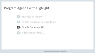 Copyright © 2017, Oracle and/or its affiliates. All rights reserved. |
Program Agenda with Highlight
The year in review
Oracle Database Release Model
Oracle Database 18c
A few other things…
1
2
3
4
 