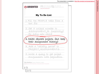 This presentation is available in http://db-oriented.com/presentations
19
1. Fill the PEOPLE table from a
text file
2. Set a unique number to
ASSIGNMENT_ID (implicitly)
for every new record
3. Delete obsolete projects (but keep
their assignment history)
4. Add a “validity period” to
PROJECT_ASSIGNMENTS
5. Write a query to get project
assignments with pagination
1/2
2/2
©OrenNakdimon
 