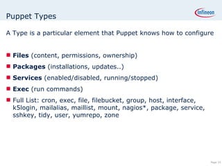 Puppet Types A Type is a particular element that Puppet knows how to configure Files  (content, permissions, ownership) Packages  (installations, updates..) Services  (enabled/disabled, running/stopped) Exec  (run commands) Full List: cron, exec, file, filebucket, group, host, interface, k5login, mailalias, maillist, mount, nagios*, package, service, sshkey, tidy, user, yumrepo, zone  